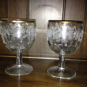 2 Vintage Goblets with Etching and Gold Rims.
